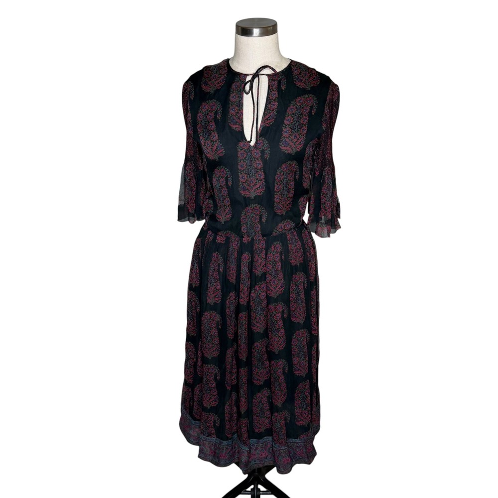 TREACY LOWE London Gump's Dress Black Paisley Silk Smocked Vintage FLAWED 10